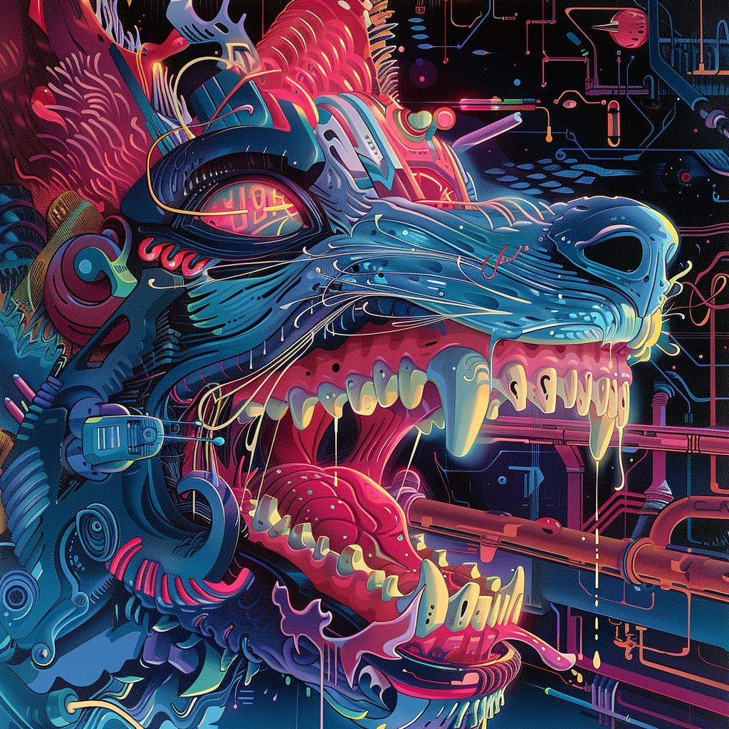 album  cover  Nychos  dog  skull  teeth  trippy  geometric  synthwave  80s 960741