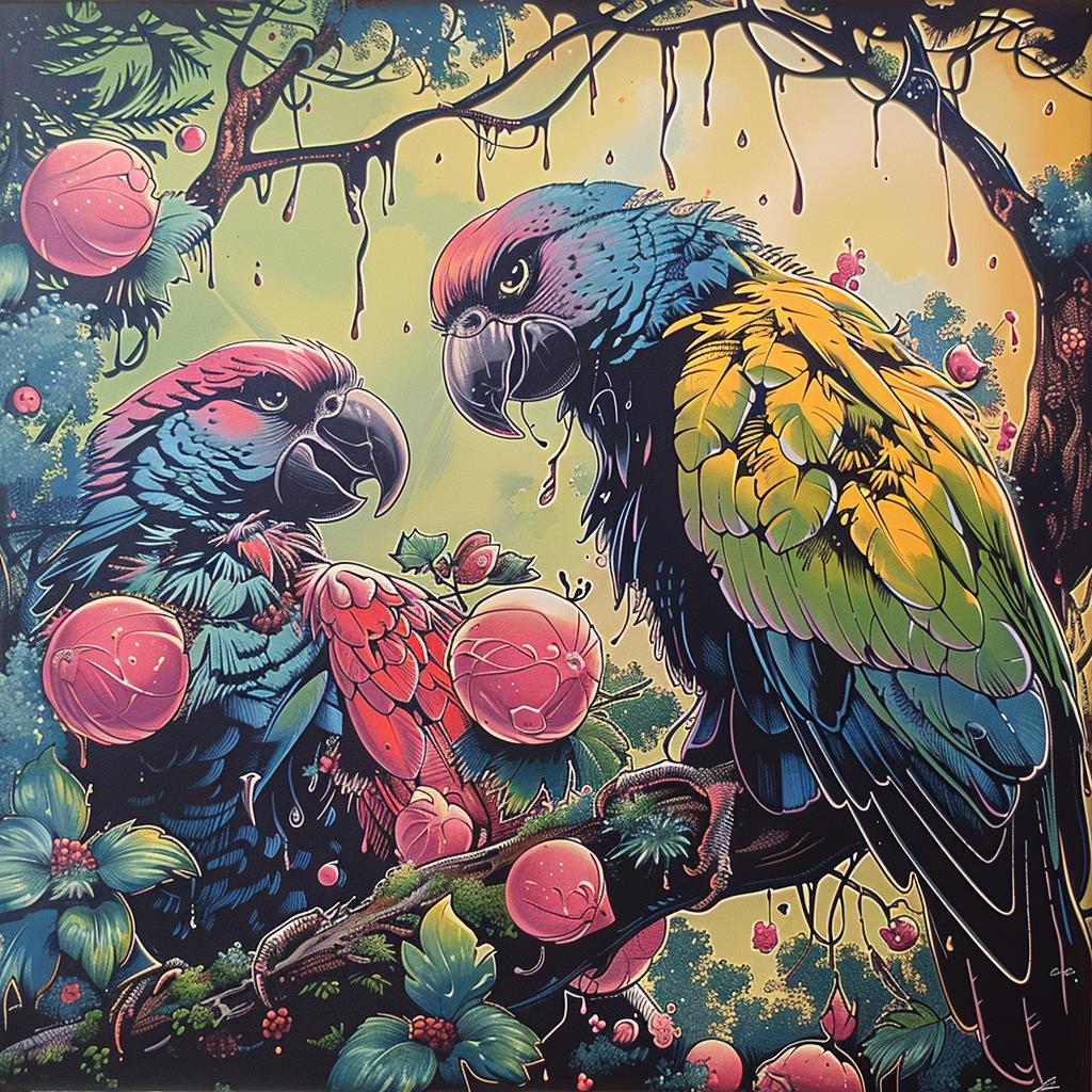 painting  parrots  branch  fruit  colorful  nature  vibrant  tropical  wildlife  chromolithography 924650