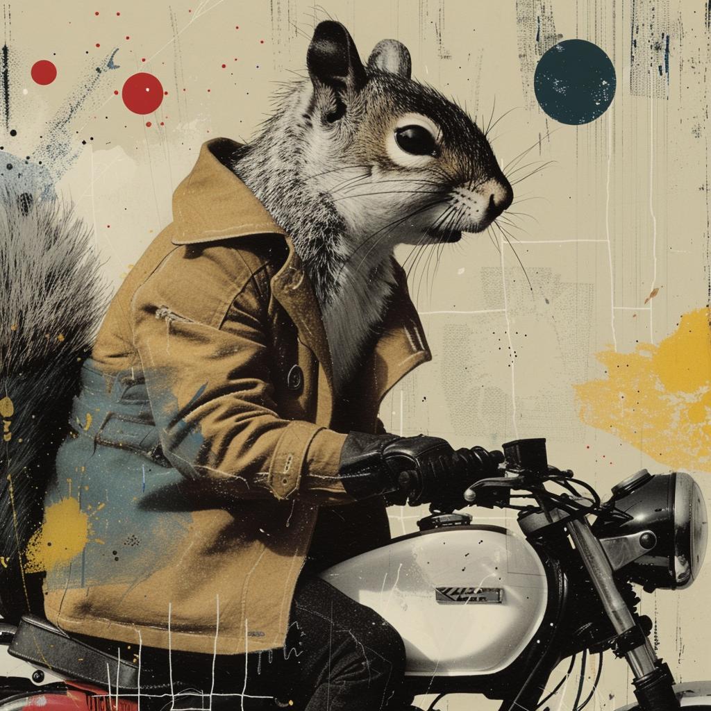 squirrel  motorcycle  trenchcoat  humor  animals  art  playful  fantasy  surreal  vibrant 1021450