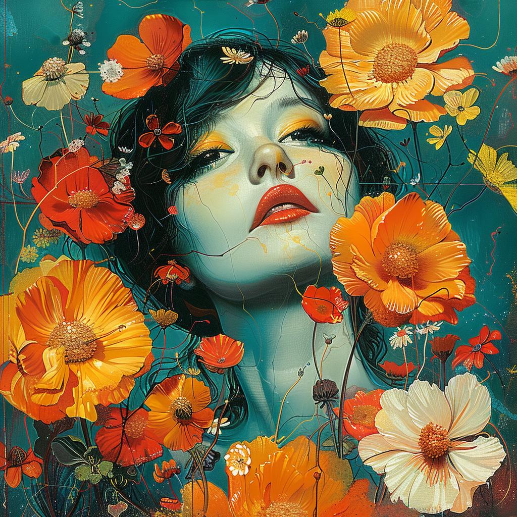 woman  flowers  surrounded  ochre  hues  nature  floral  decorative  vibrant  art 963604