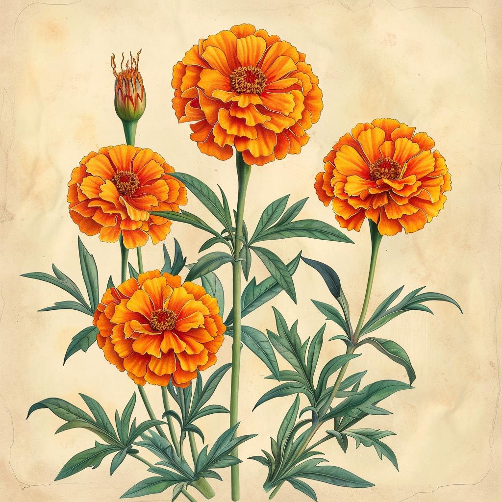 marigolds  flowers  illustration  vintage  canvas  nature  botanical  art  yellow  floral 971904