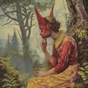 woman  red  dress  woods  chromolithography  nature  sitting  landscape  vibrant  color 1057806