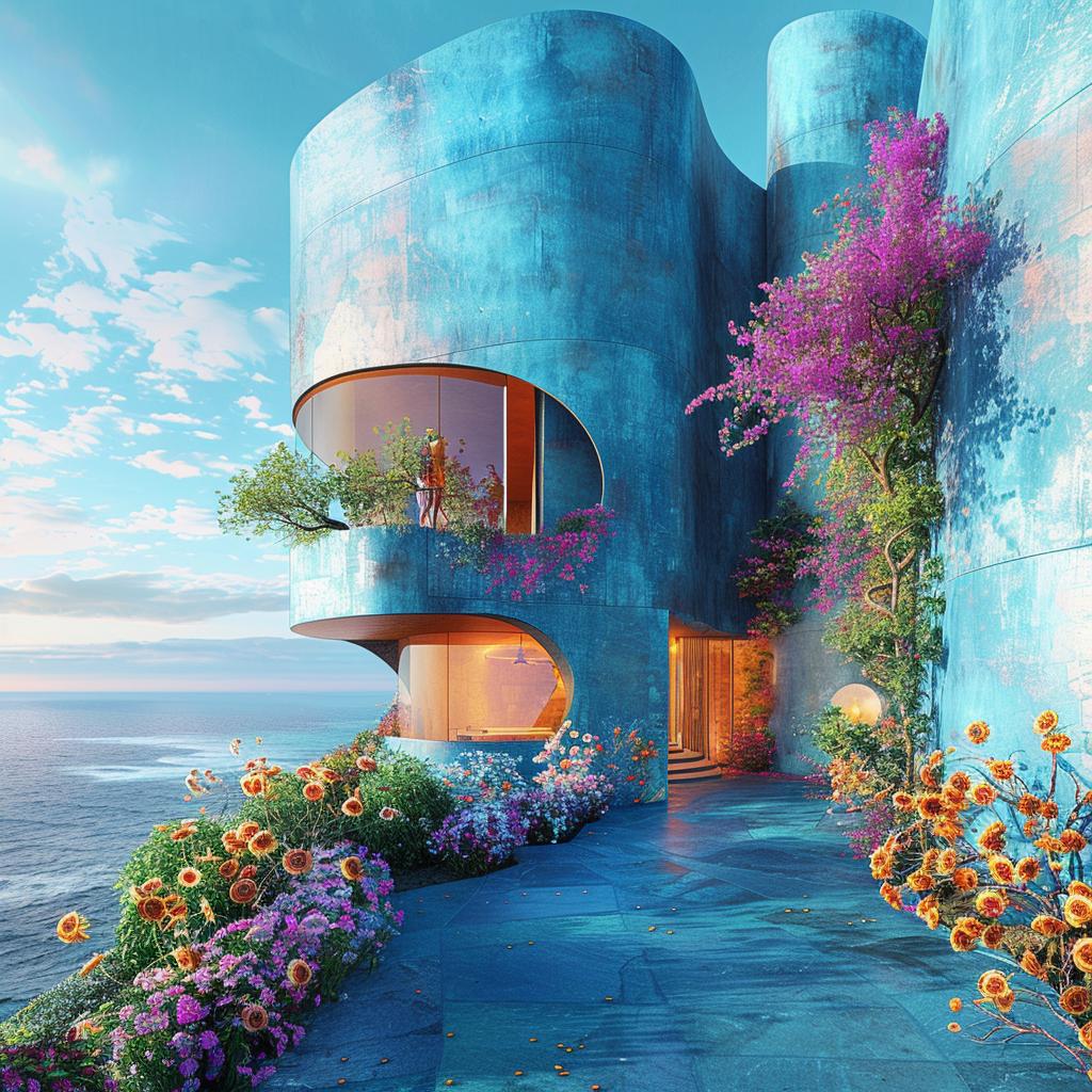 فرانك جيري، هندسة معمارية، أزرق محيطي، تصميم منزل مستقبلي، زهور، تصميم حديث 1036458