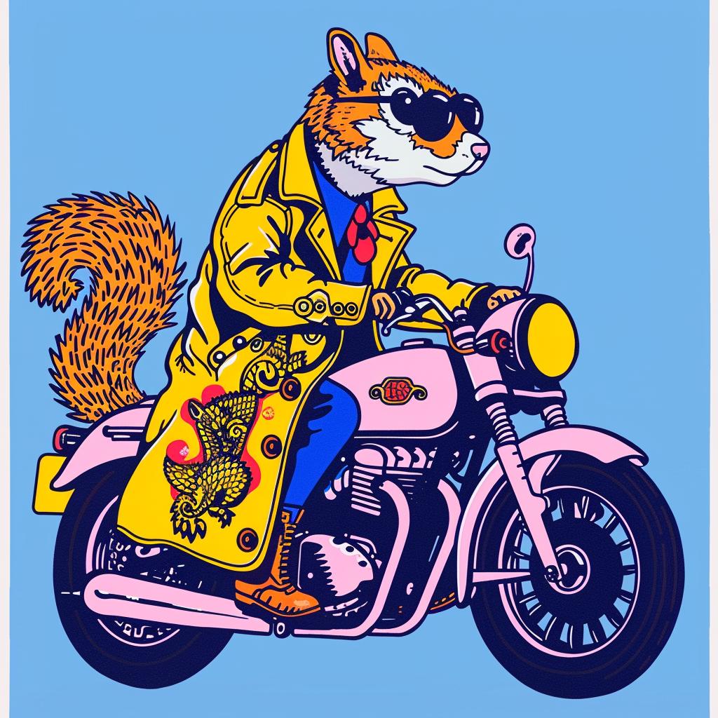 squirrel  motorcycle  trenchcoat  humor  animals  playful  adventure  whimsical  sunglasses  colorful 1021451