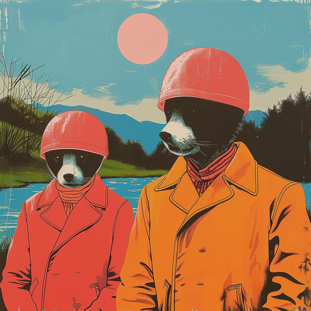 surreal  album  cover  dogs  hats  jackets  playful  colorful  whimsical  illustration 1018616