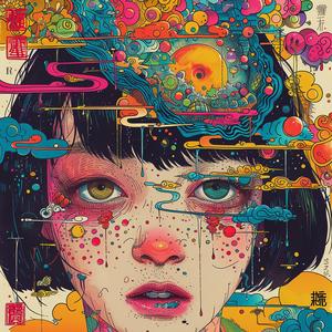 surreal  album  cover  woman  colorful  hair  colorful  face  Tsukioka  symbolist 1064789