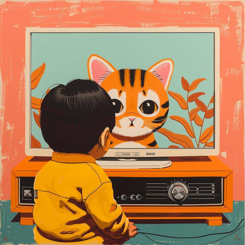 child  cat  tv  painting  colorful  humor  playful  surreal  expression  modern 966465