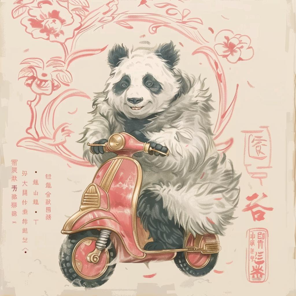 panda  scooter  happy  flowers  Chinese  writing  playful  cute  transport  illustration 944265