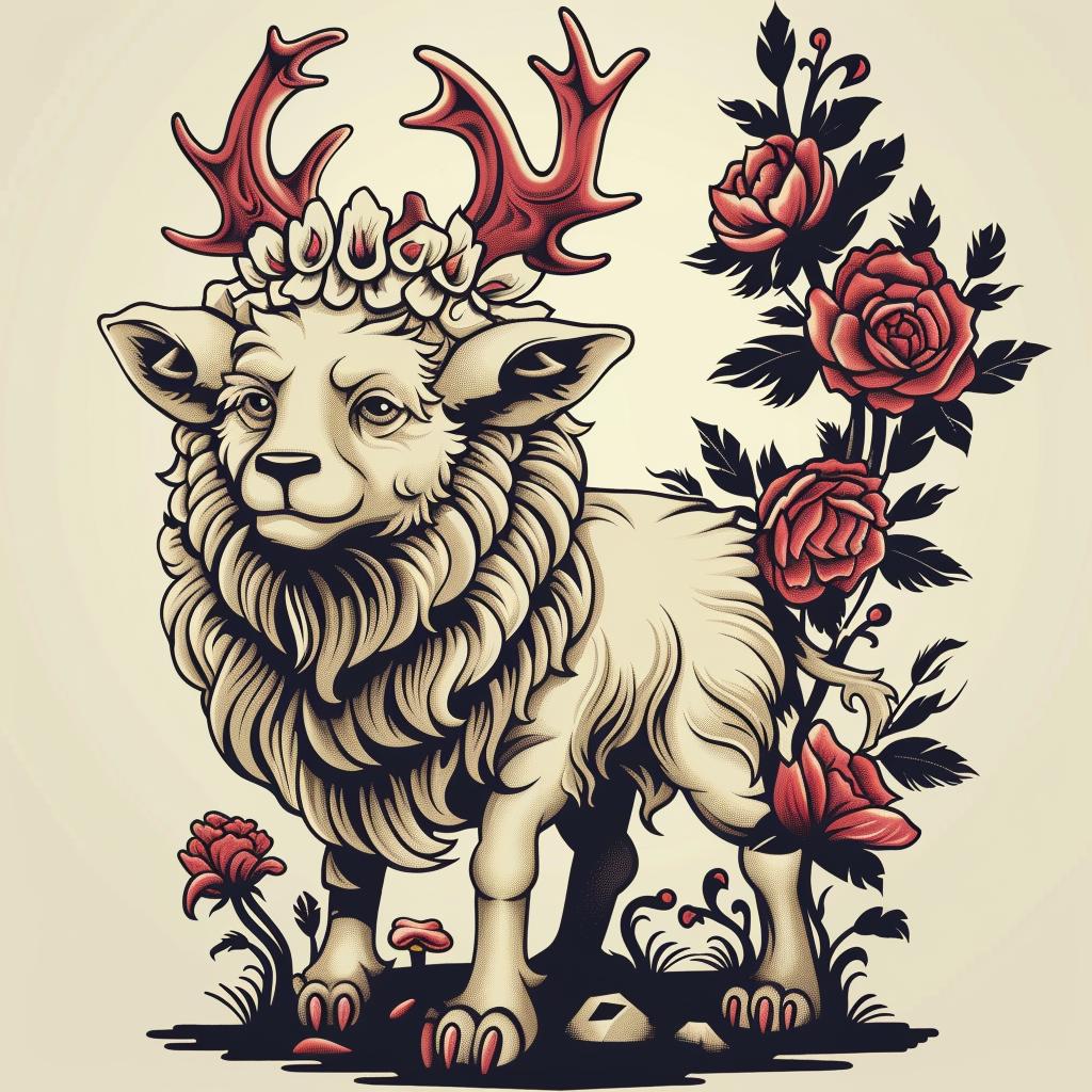 mythical  creature  hybrid  sheep  horns  roses  background  fantasy  unique  blending 941341