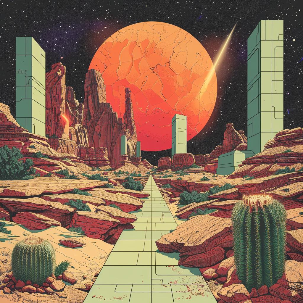 album  cover  1980s  desert  cactus  sun  landscape  vibrant  synthwave  trippy 960627