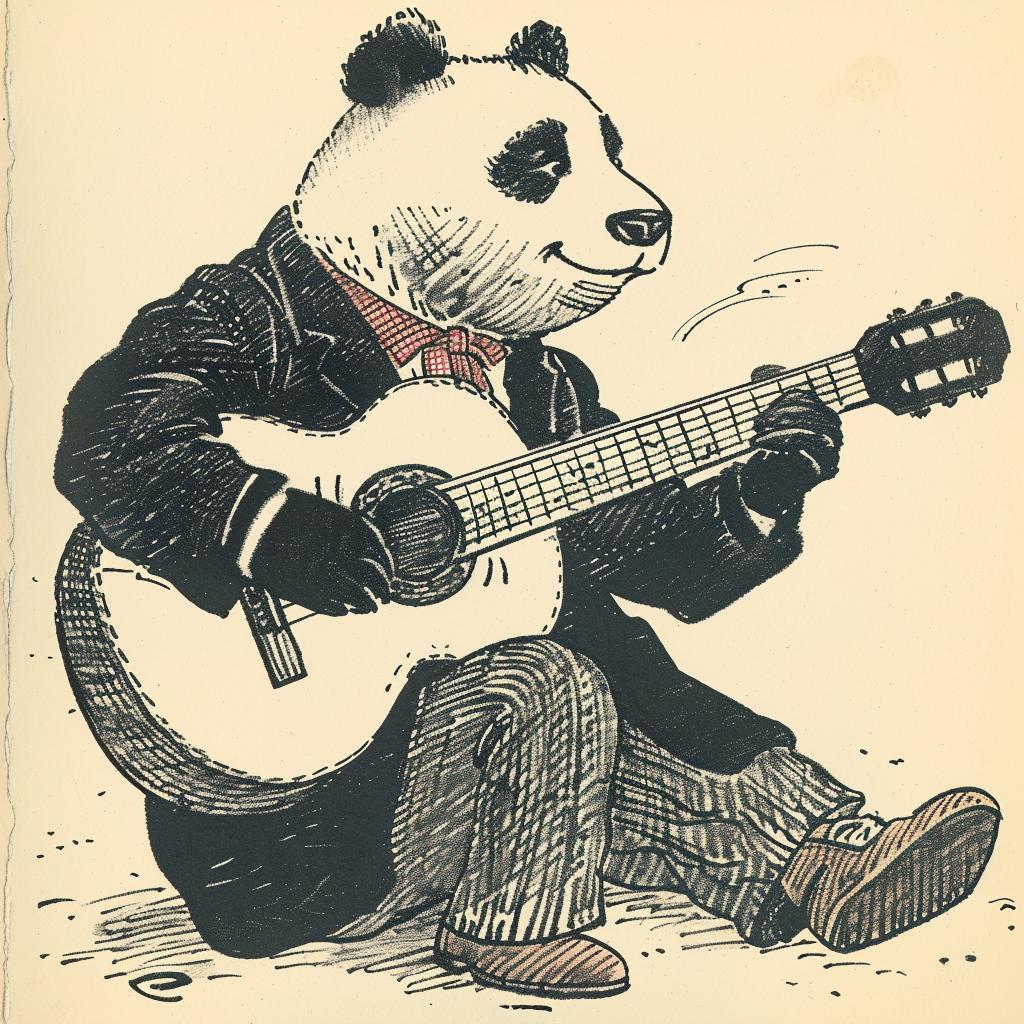 panda  guitar  anthropomorphic  cartoon  illustration  Moebius  Bachalo  music  cute  animal 922635