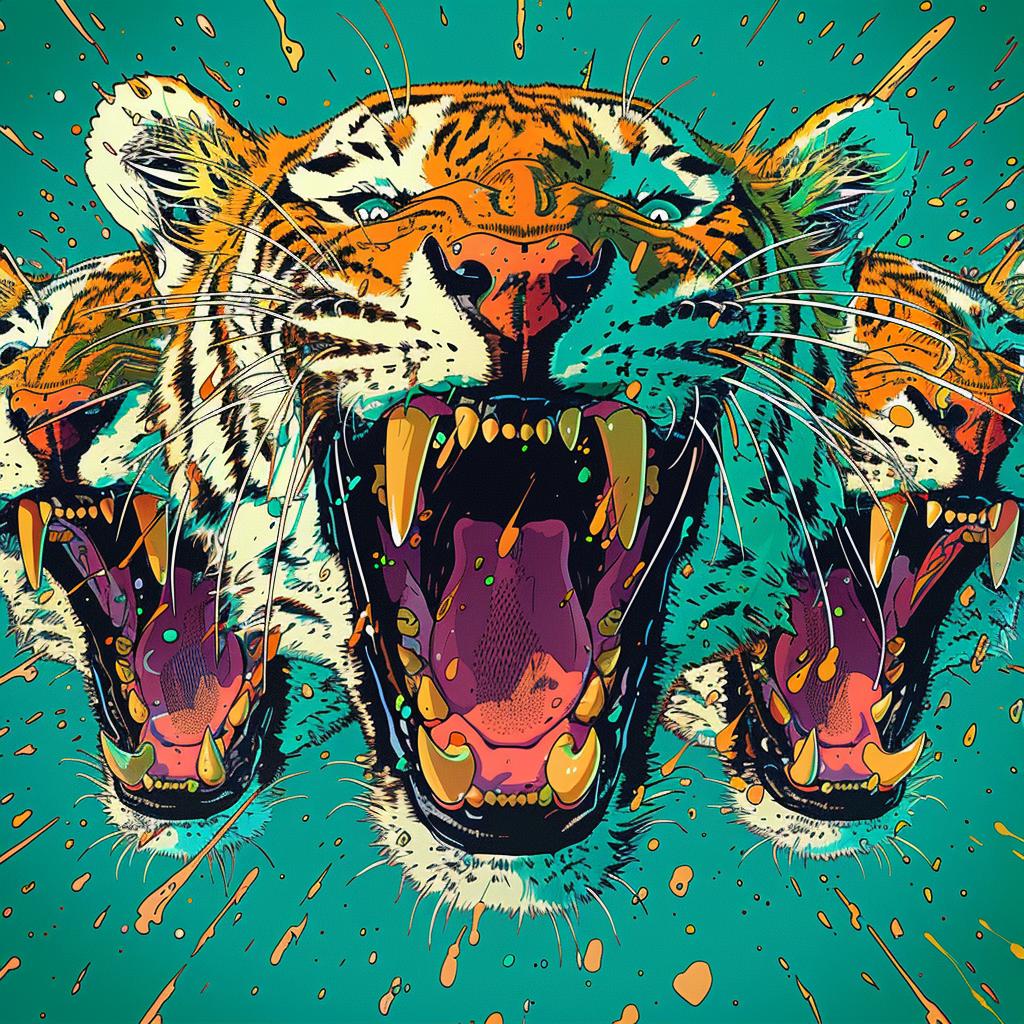 tiger  snarling  multiple  poses  green  background  wildlife  expression  fierce  illustration 1025334