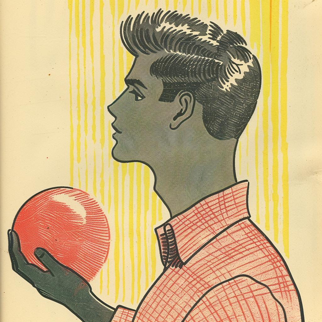 man  bowling  1960s  drawing  red  ball  casual  playful  nostalgia  adventure 940763