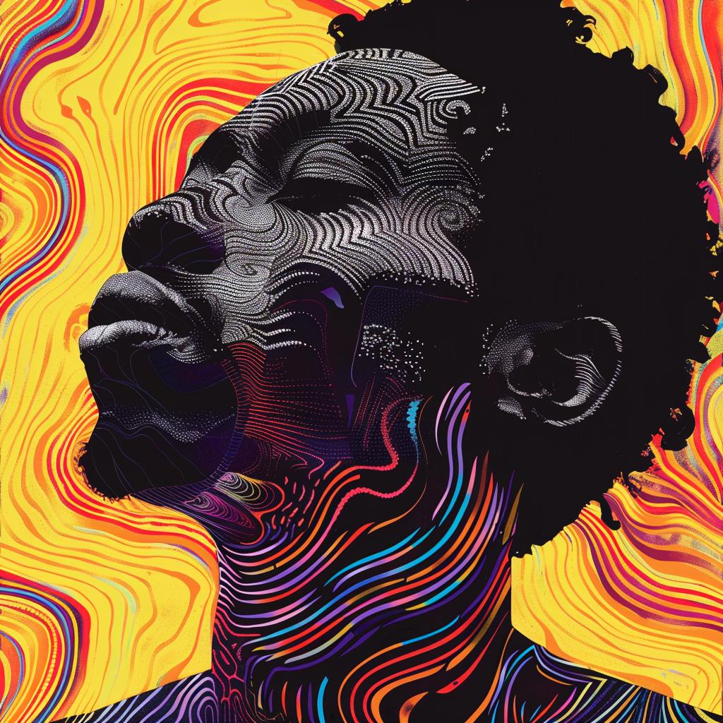 surreal  album  cover  hyper-realistic  screenprinting  man  colorful  background  black  face 960499