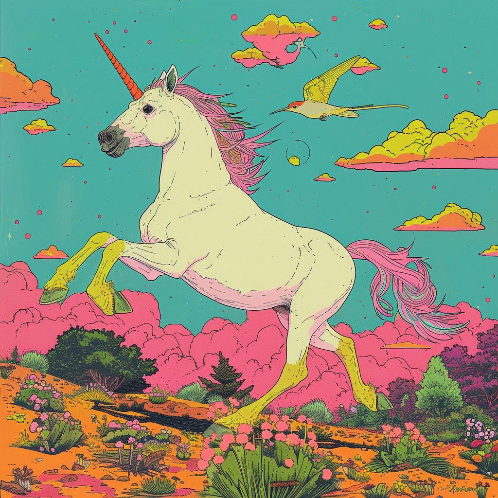 creative  surreal  unicorn  desert  birds  flying  whimsical  colorful  fantasy  sky 1017549