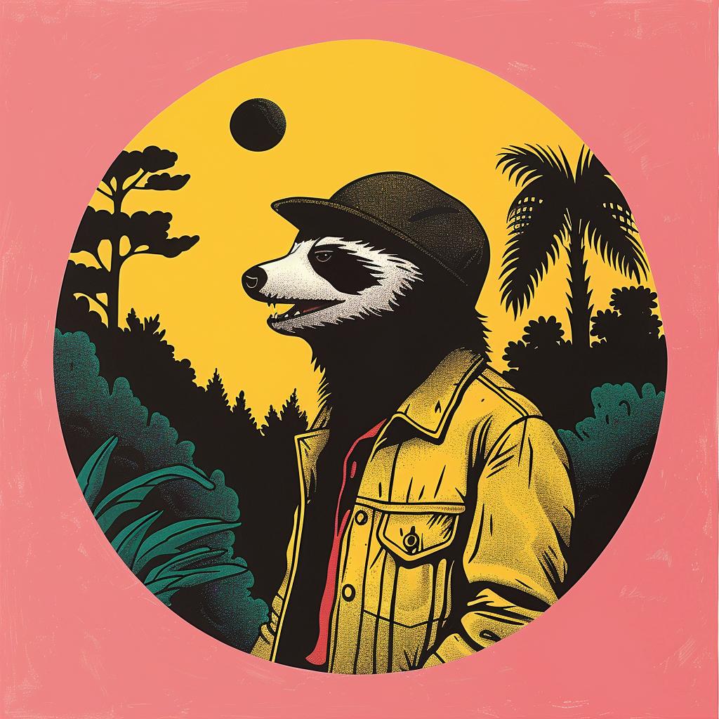 raccoon  cartoon  hat  jacket  surreal  album  creative  whimsical  colorful  illustration 1018588