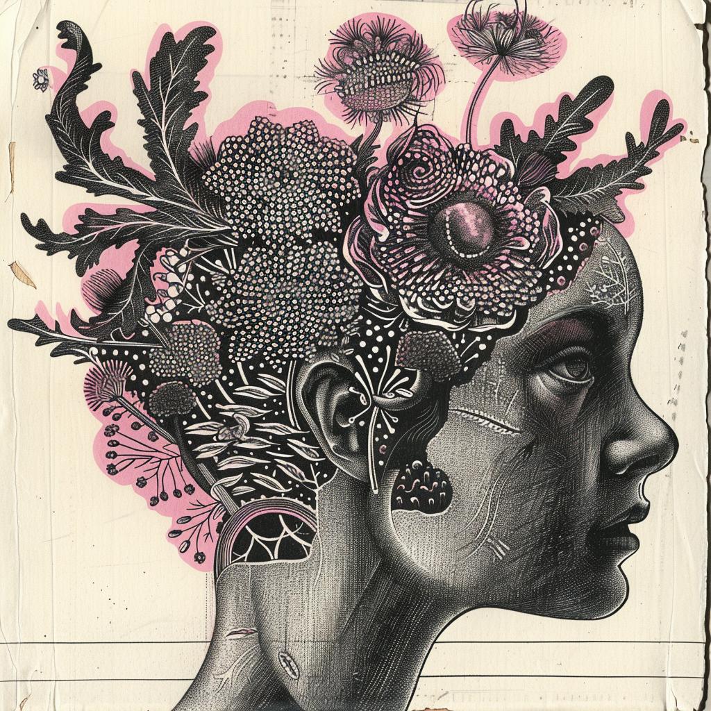 dada  album  cover  ukiyo-e  woman  flowers  surreal  chaotic  risograph  symbolist 916348