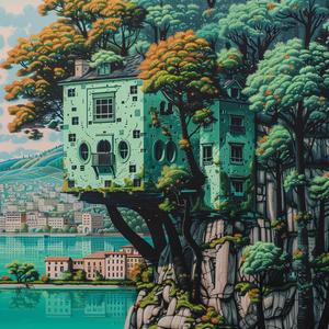 minimal  chromolithography  house  tree  nature  whimsical  simple  fantasy  SimonStalenhag  Escher 1037704