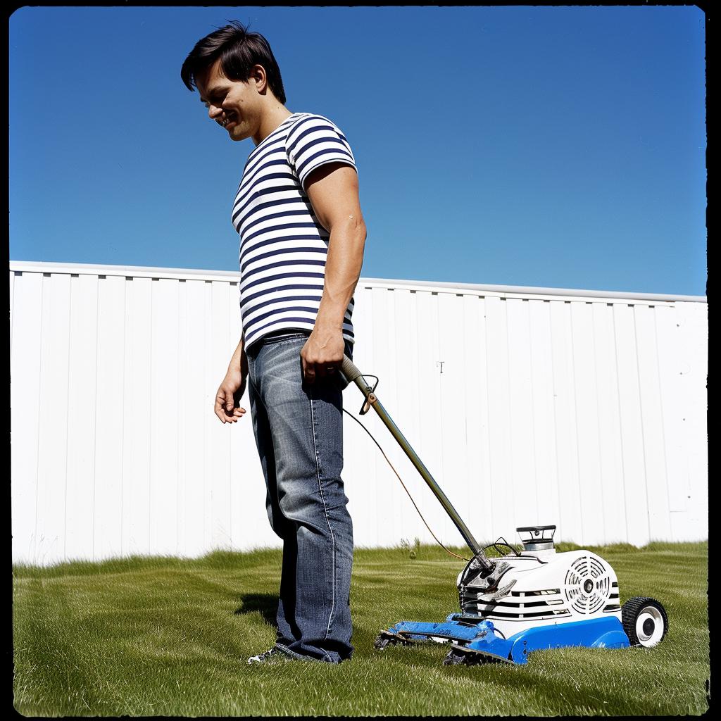 man  lawnmower  standing  1960s  outdoor  activity  nostalgic  grass  pose  casual 1028059