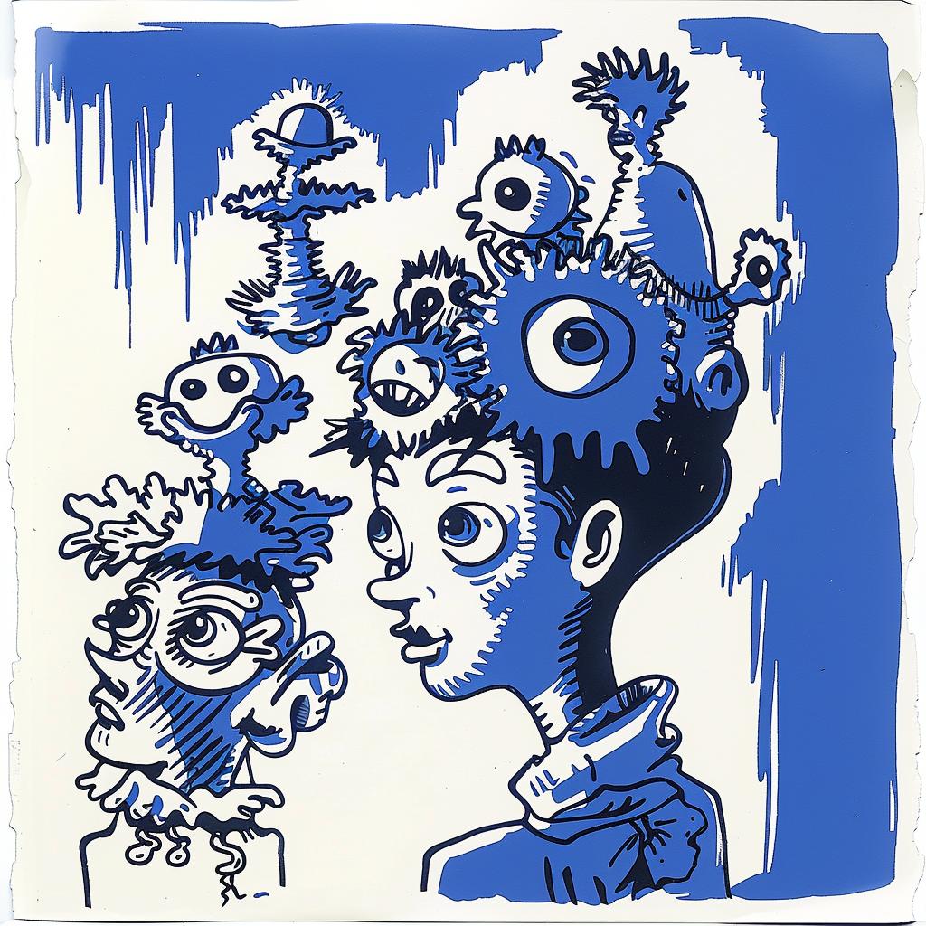 surreal  drawing  people  heads  blue  white  album  cover  hyper-realistic  screenprinting 1021505