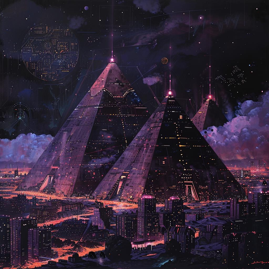 sci-fi  pyramids  dark  gouache  modern  vintage  detail  cityscape  architecture  illustration 922325