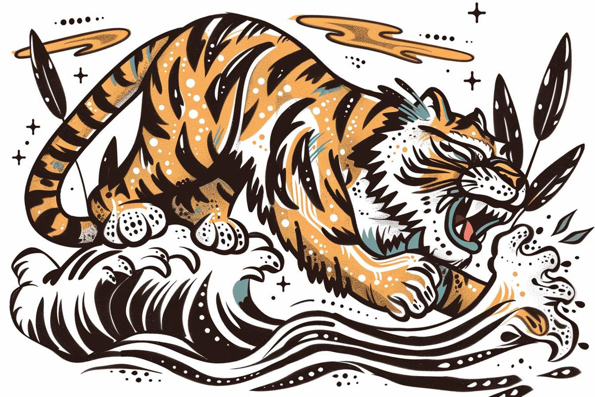tiger  leaping  wildlife  waves  illustration  Sailor  Jerry  dynamic  fierce  art 943487