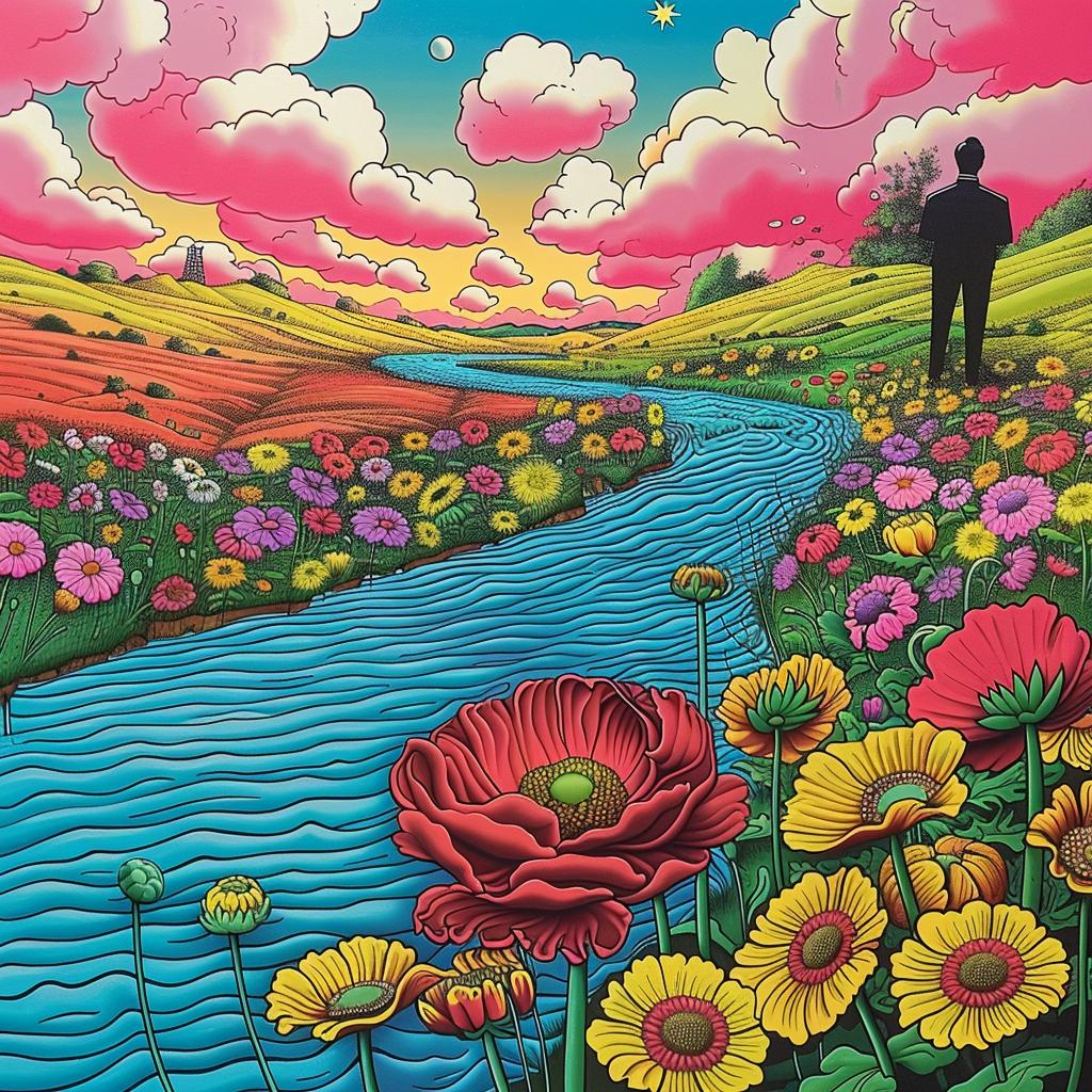 painting  man  flowers  field  river  landscape  nature  vibrant  colorful  serene 1016710