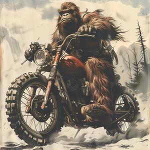 bigfoot  motorcycle  chromolithography  painting  fantasy  humor  wildlife  vehicle  adventure  art 1050813