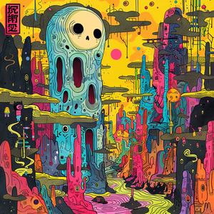 surreal  album  cover  painting  skull  city  symbolist  hyper-realistic  screenprinting  colorful 1064815