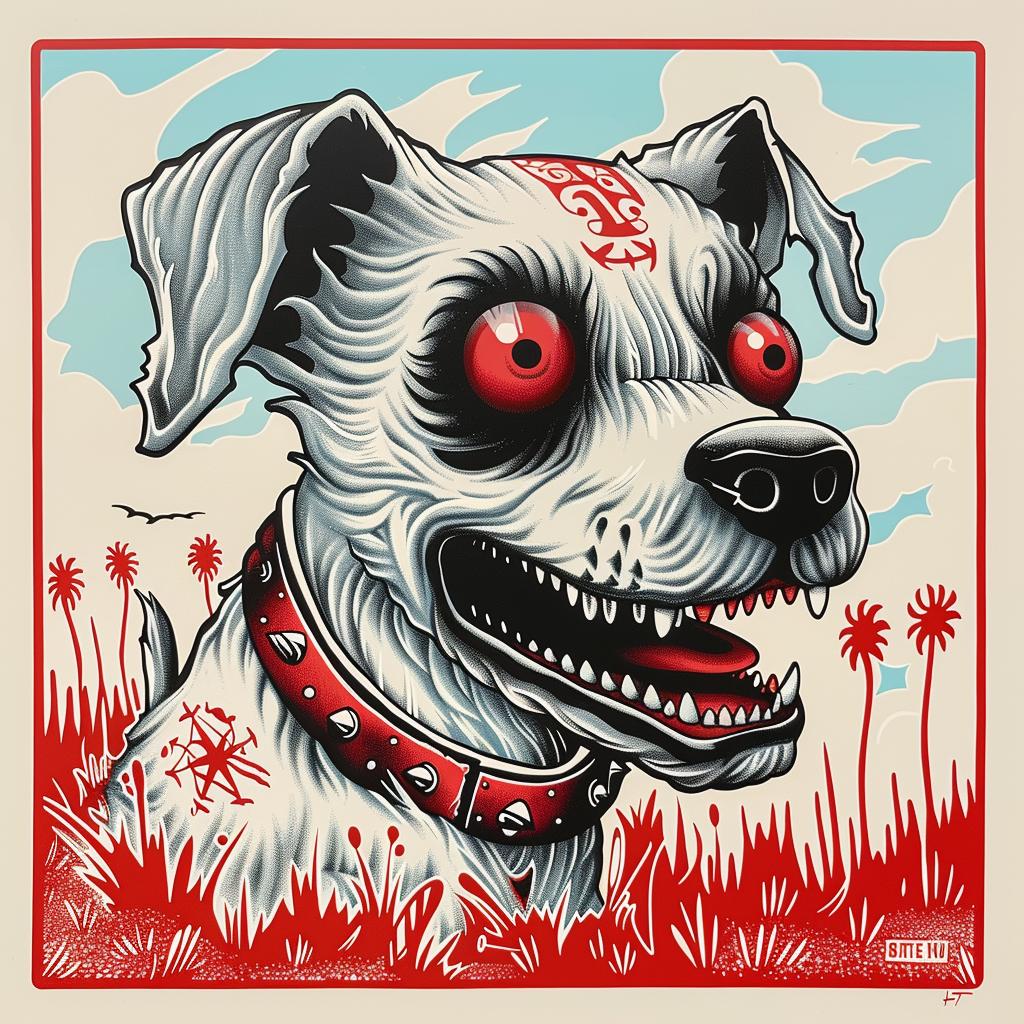 dog  creature  red  eyes  collar  animal  whimsical  character  colorful  illustration 1032809
