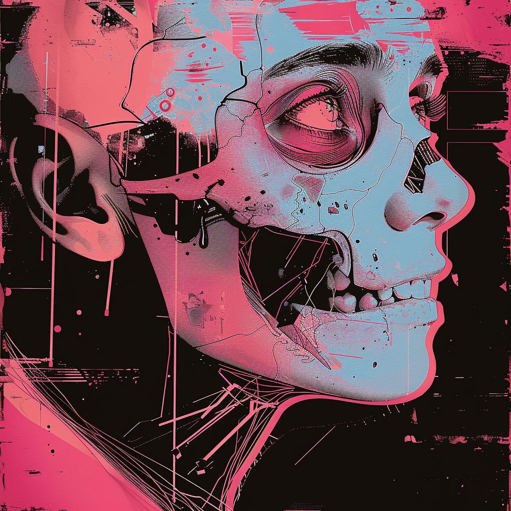 abstract  digital  popart  skull  cyberpunk  portrait  woodcut  graphic  colorful  bold 1026650
