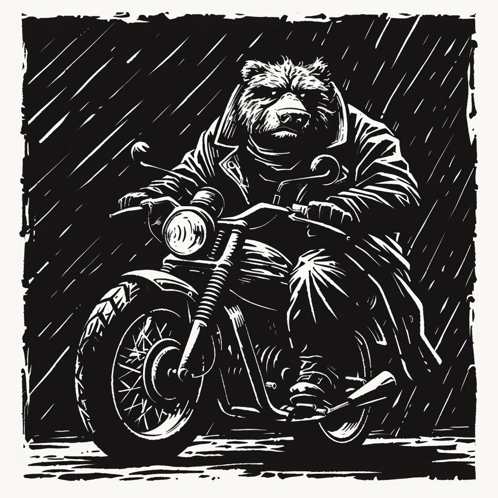 bear  motorcycle  anthropomorphic  rain  whimsical  illustration  adventure  wildlife  biker  fun 1026111