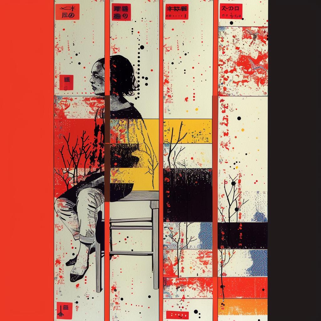 painting  woman  sitting  chair  red  black  stripes  art  design  composition 1021115