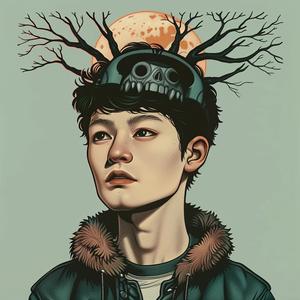 surreal  album  cover  male  model  Risograph  symbolist  hyper-realistic  screenprint  tree 1077445