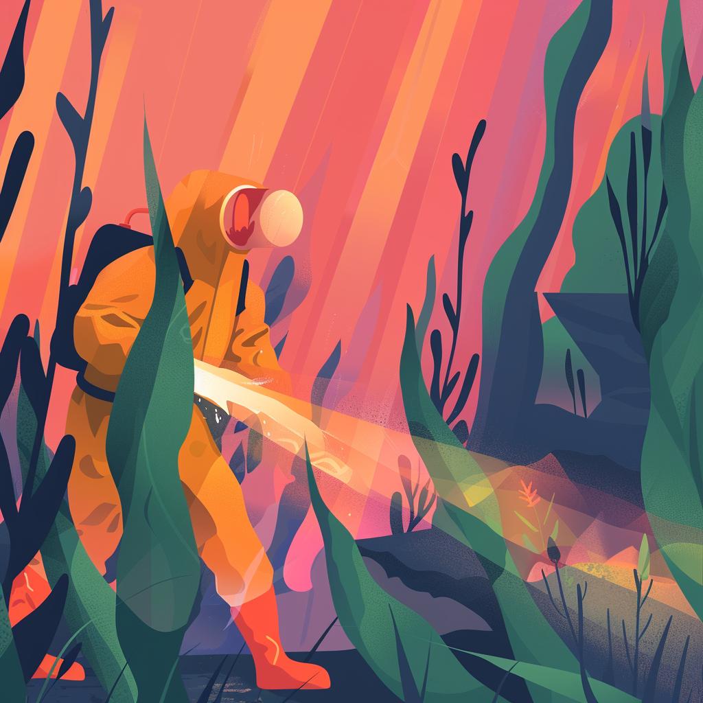 hazmat  flamethrower  sea-monster  attack  jungle  illustration  surreal  adventure  orange  digital 944305