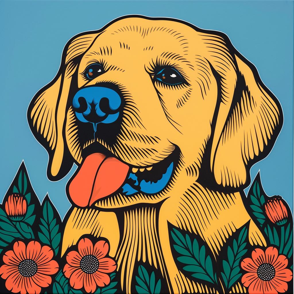 goldenretriever  dog  flowers  blue  background  painting  bright  playful  happy  nature 973859
