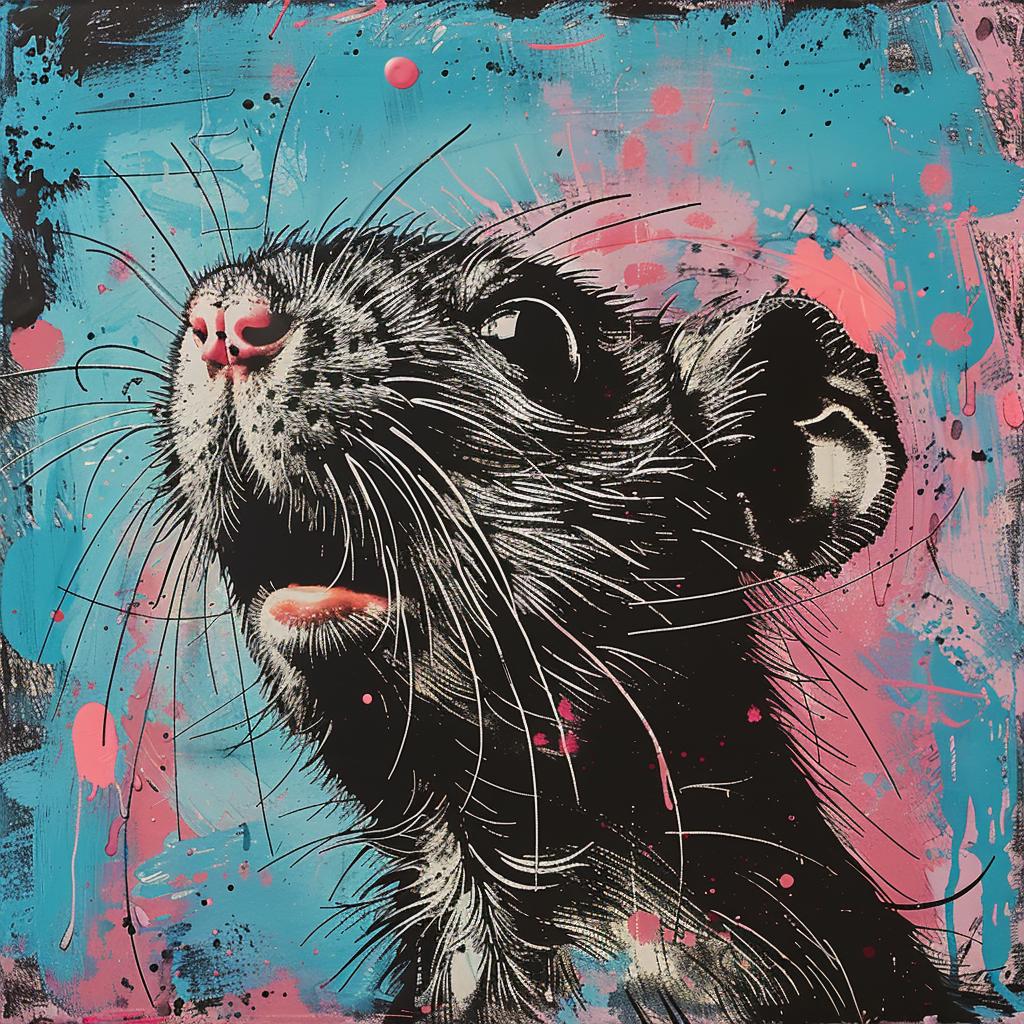 albumcover  surreal  hyperrealistic  screenprinting  streetart  ROA  rat  encaustic  blue  pink 960090