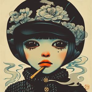surreal  album  cover  creative  cigarette  flowers  hair  Mitsumasa  Anno  screenprinting 1074812