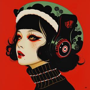 surreal  album  cover  girl  headphones  Risograph  symbolist  hyper-realistic  music  art 1077680