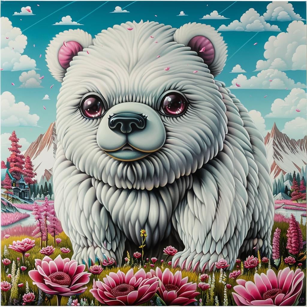 grizzly  bear  kawaii  white  flowers  painting  field  oversized  charming  art 1033825