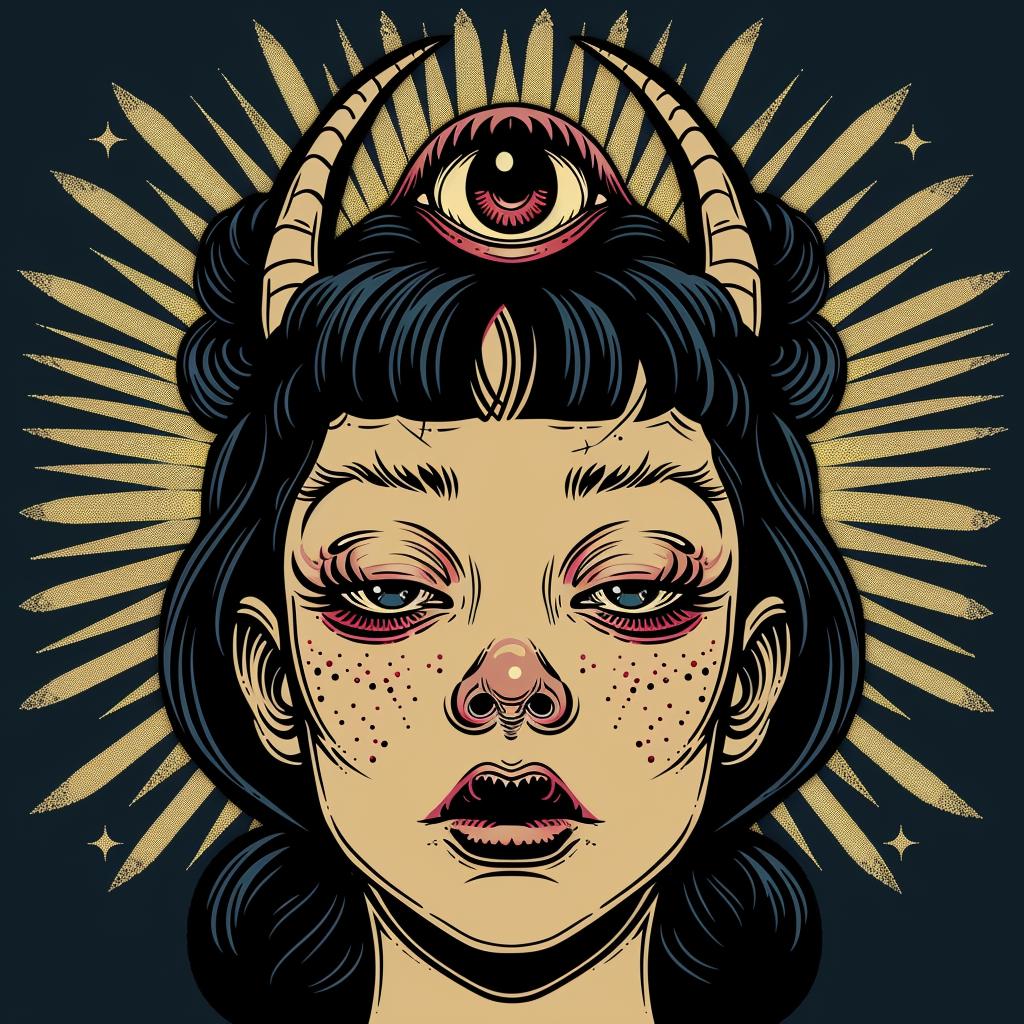 تصميم عيون وقرون امرأة، رسم توضيحي، عيون مظلمة، رموز ماعز، رموز التنوير 941473
