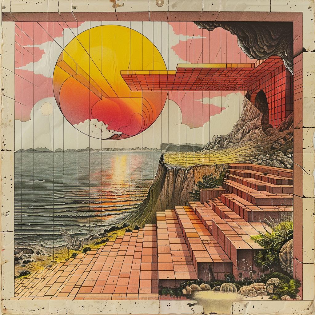 غلاف ألبوم vaporwave، رسم برتقالي أحمر لغروب الشمس في ثمانينيات القرن العشرين، موجة جديدة منمقة 1035708