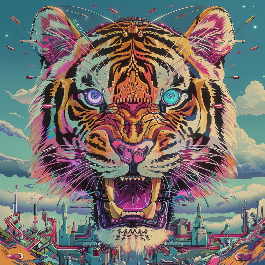 tiger  colorful  eyes  city  background  electro  synthwave  trippy  geometric  art 960712
