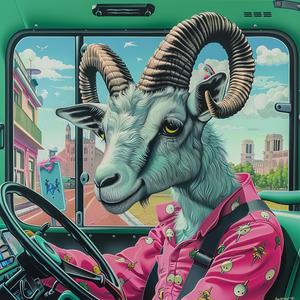 goat  horns  pink  shirt  car  driving  funny  colorful  humorous  cartoon 1037894