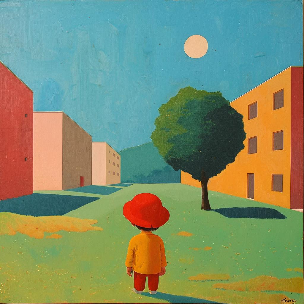 surreal  painting  boy  red  hat  park  whimsical  imaginative  artistic  colorful 1017613