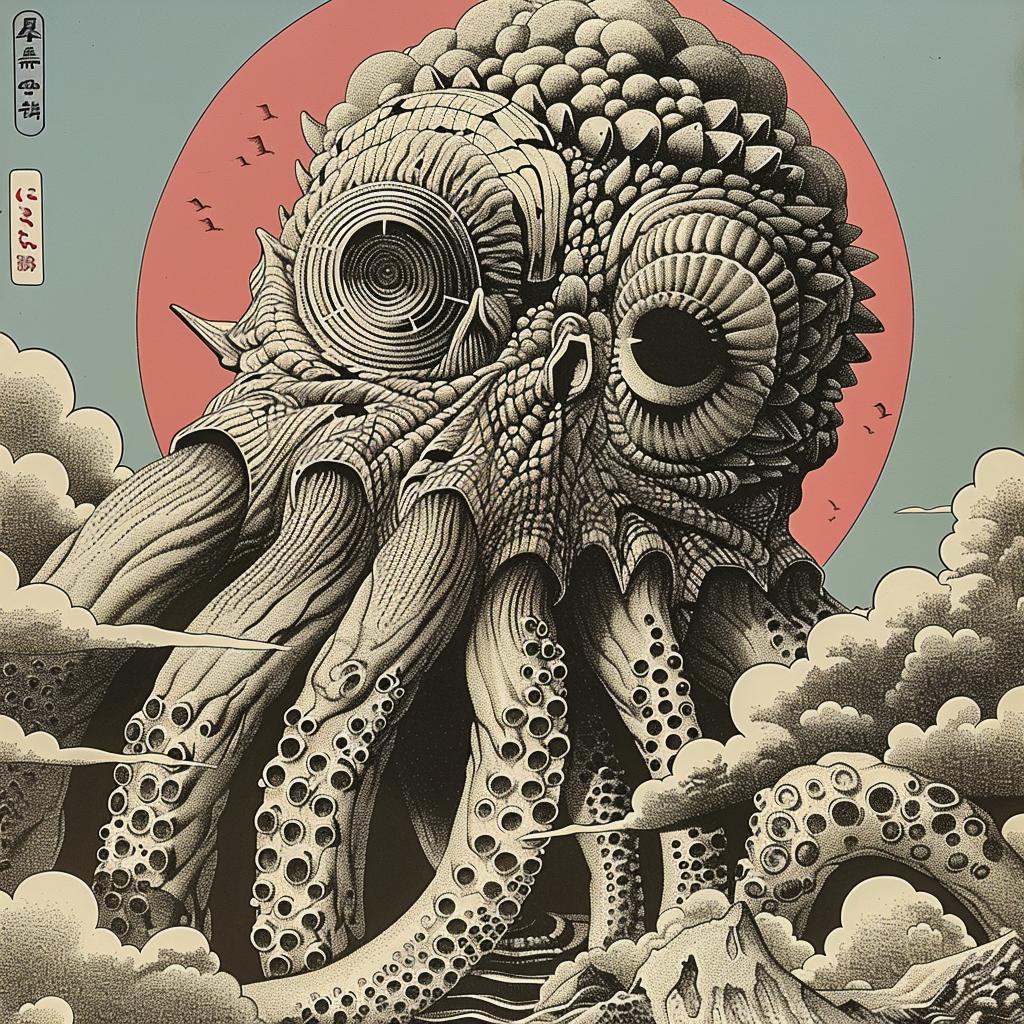 octopus  tentacles  large  head  poster  japanese  lettering  creature  illustration  art 945910