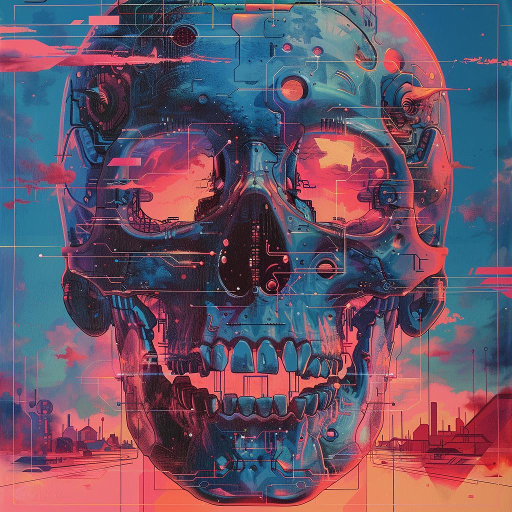 album  cover  80s  Nychos  skull  city  background  trippy  art  painting 960770