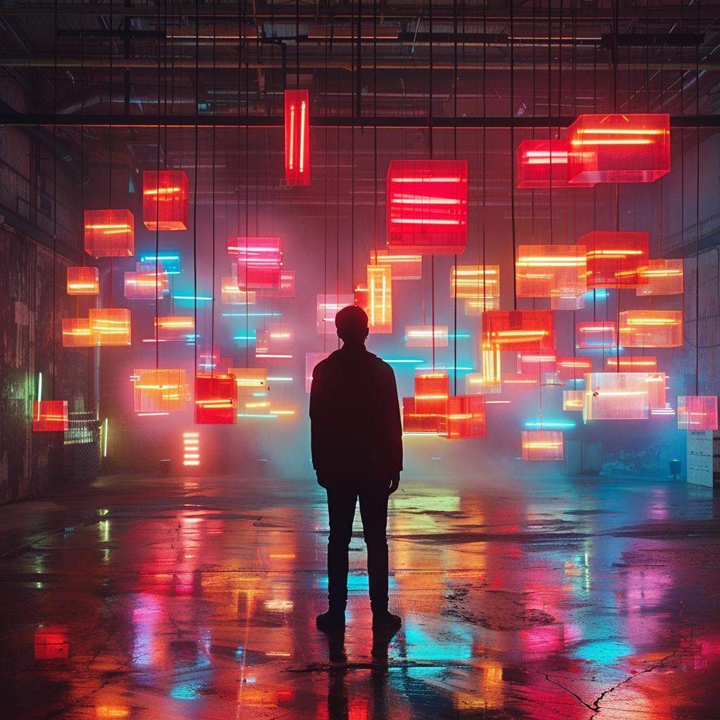 album  cover  surreal  neon  lights  man  empty  room  creative  design 976906