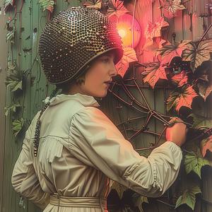 خوذة امرأة، ضوء، طباعة حجرية ملونة، تصويرية، صورة أنثوية، حديثة، ديناميكية، 1050346