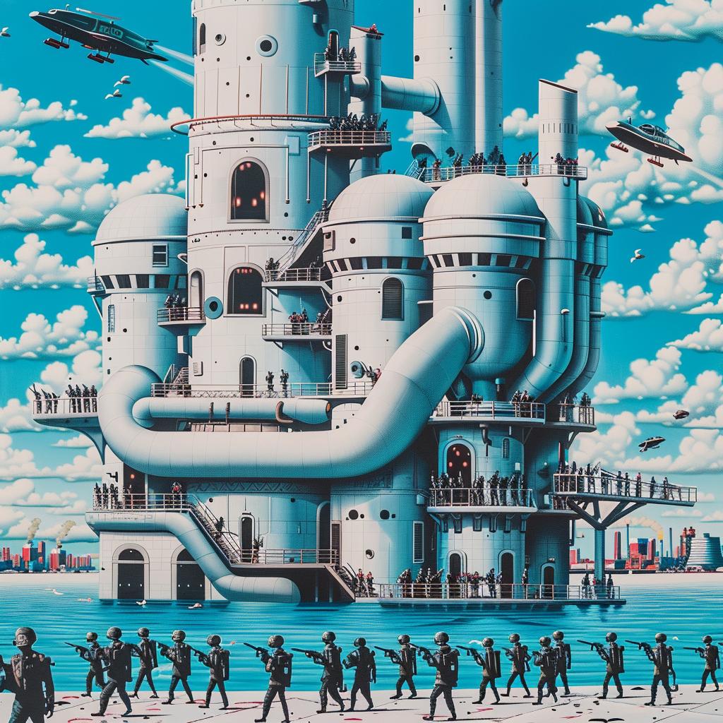 factory  futuristic  military  concrete  towers  cannons  soldiers  exterior  industrial  silhouette 944714